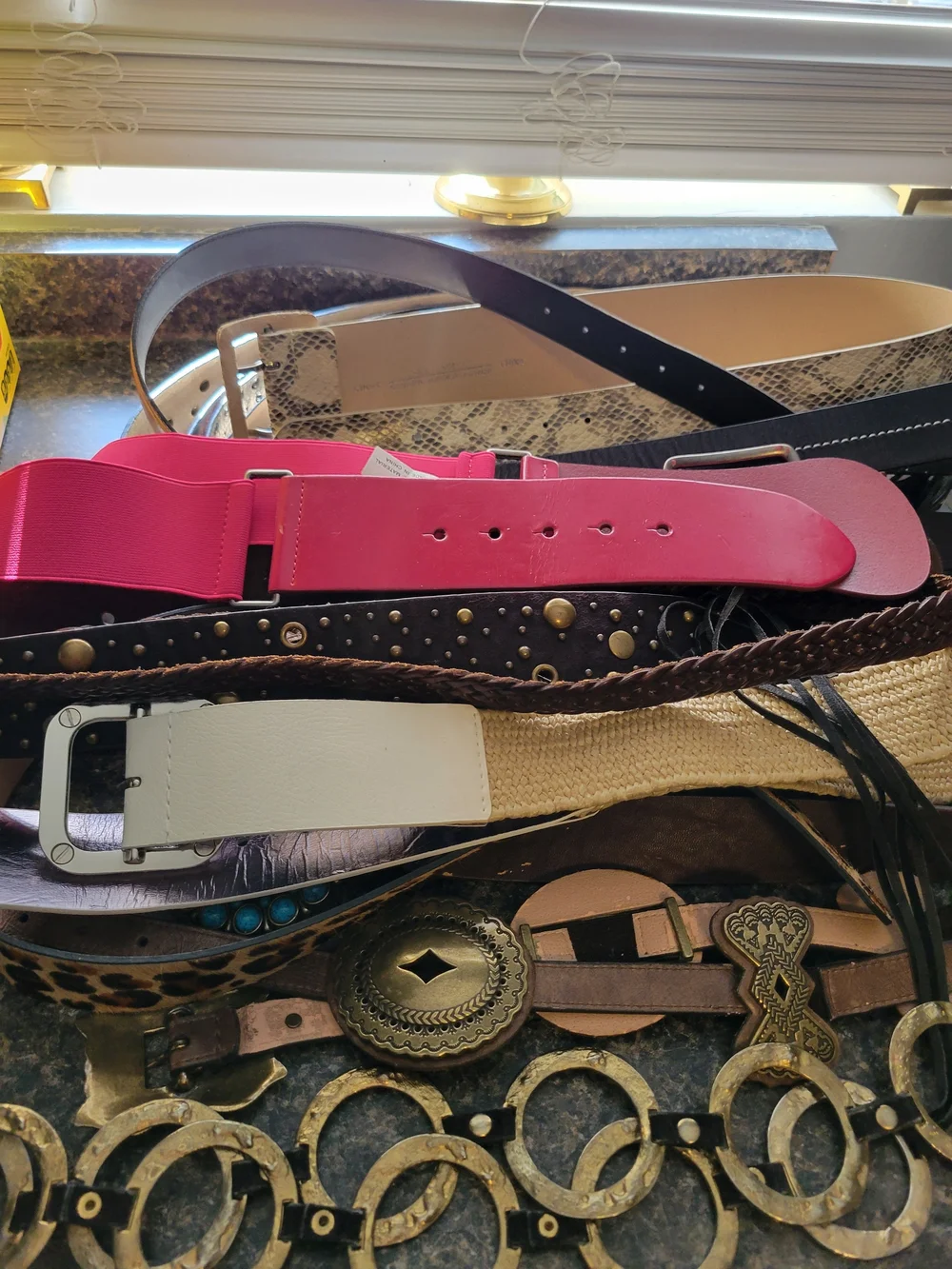 Lot of 18 belts from various brands with Pink, Black, Brown and prints